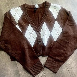 Cropped Argyle Brown Cardigan Sweater